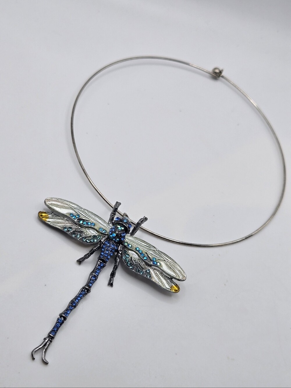 Blue Silver Dragonfly torque Wire Choker Necklace 15.5" Grunge Fairycore